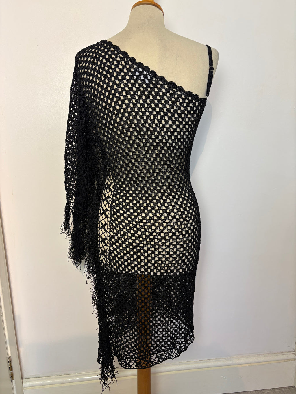 Handmade black crochet flower-patterned-beaded tassel long dress