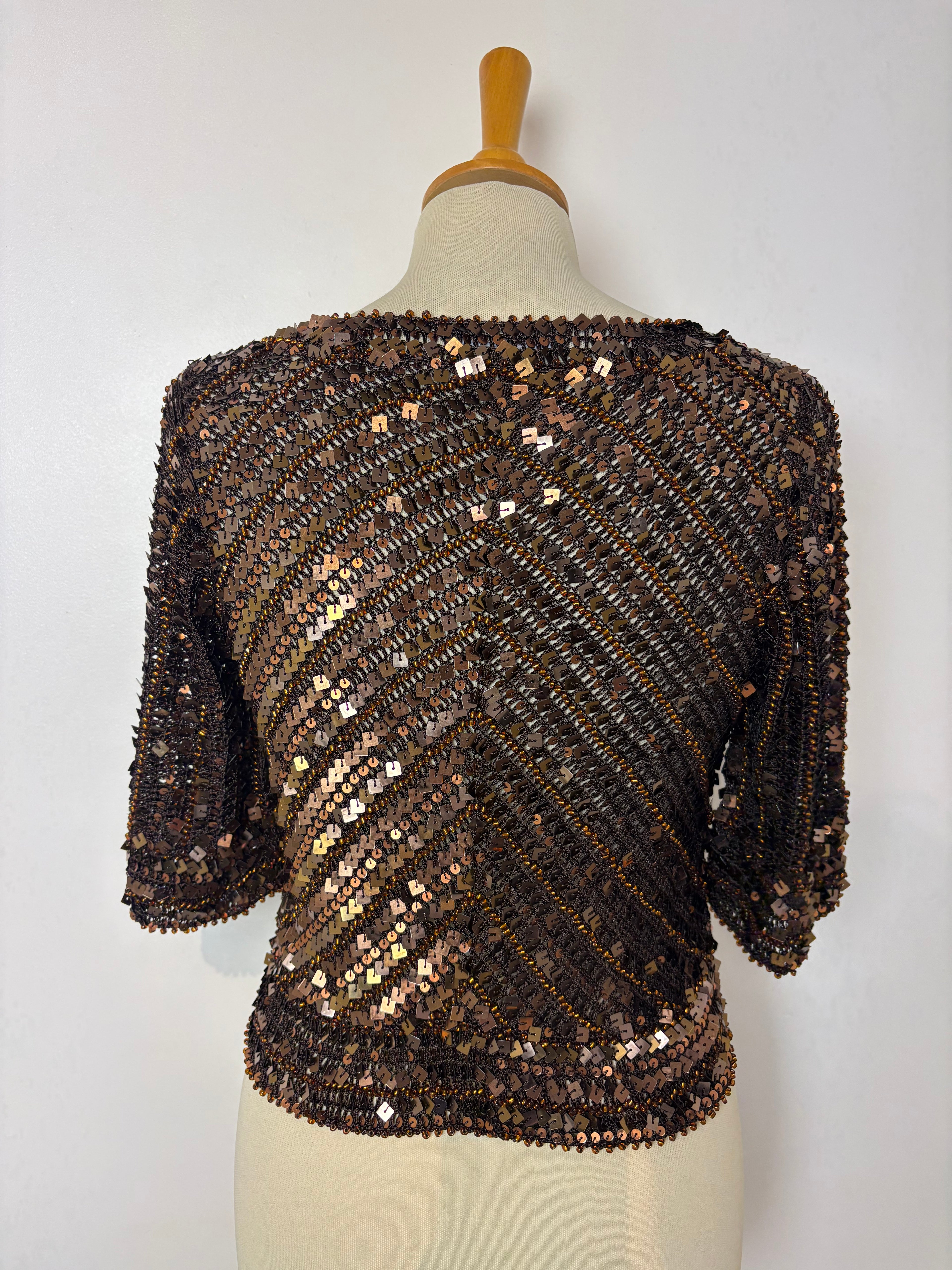 Handmade brown crochet bronze sequined and beaded cardigan