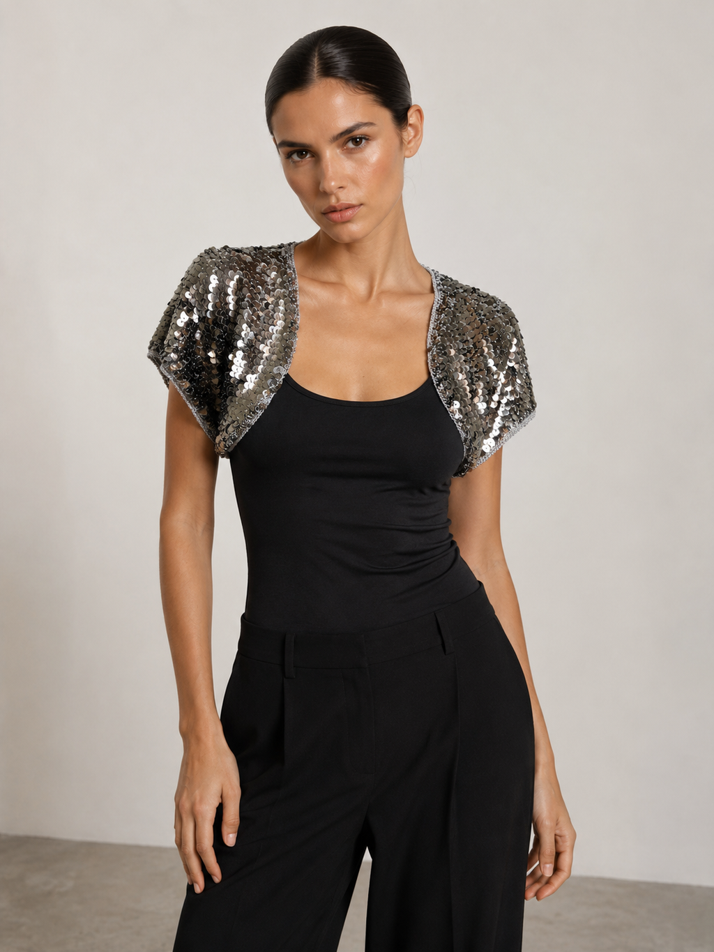 Handmade crochet sliver sequined shrug